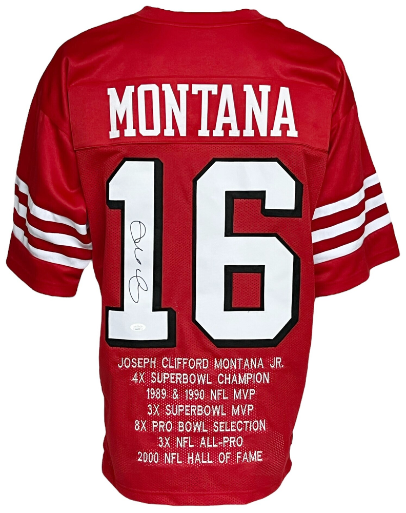 San Francisco 49ers Joe Montana Autographed Pro Style Red Stat Jersey JSA  Authenticated - Tennzone Sports Memorabilia