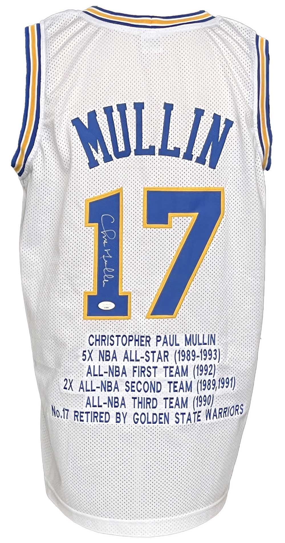 A framed jersey from Golden State Warriors player Chris Mullin is